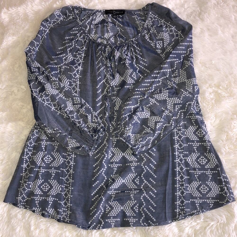 Fred David Blouse Long Sleeve Collar Tie Tribal Nordic Print PLUS SZ S Grey Blue